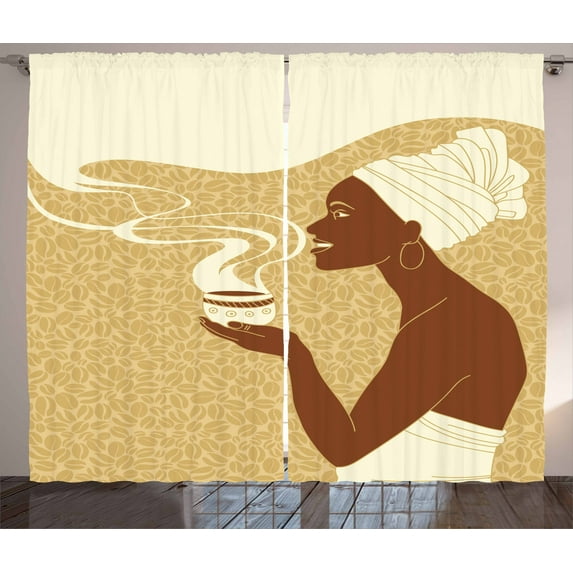 Ambesonne African Curtains 2 Panel Set, Happy Afro Lady, 108" x 108", Brown Pale Brown Cream
