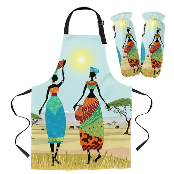 African Woman Dance Culture Vase Apron for Woman Kitchen Home Apron Cuff Oven Mitts Adult Kids Work Coffee Restaurant Apron Set (LEX09902,1 Pair Chirden Cuff)