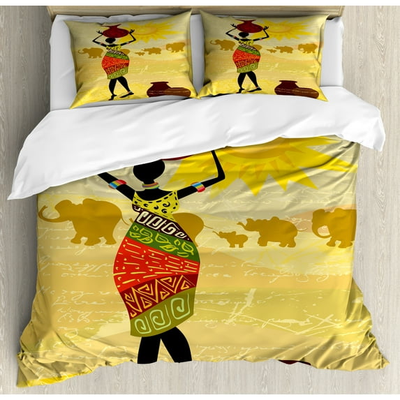 African Woman Duvet Cover Set King Size, Artistic Vintage Landscape Local Woman Elephants Sun Figure Hand Writing, Decorative 3 Piece Bedding Set with 2 Pillow Shams, Multicolor, by Ambesonne