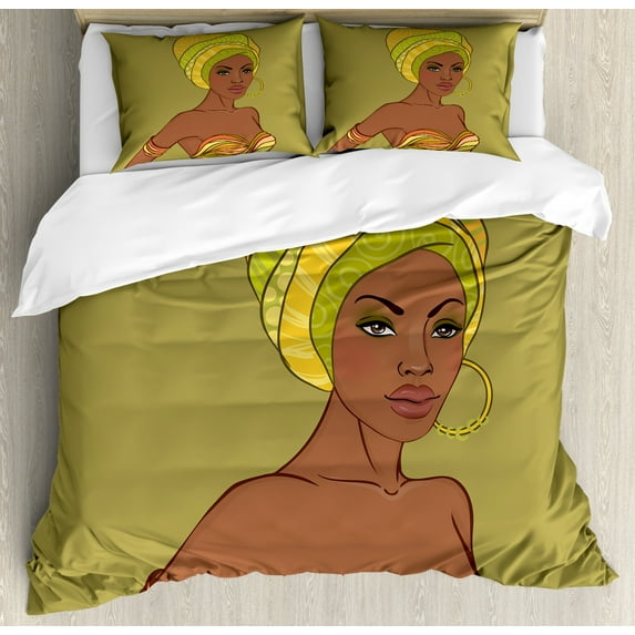 African Woman Duvet Cover Set King Size, Beautiful Native Fashion Lady Portrait Sexy Dress Earring Turban Make Up, Decorative 3 Piece Bedding Set with 2 Pillow Shams, Multicolor, by Ambesonne