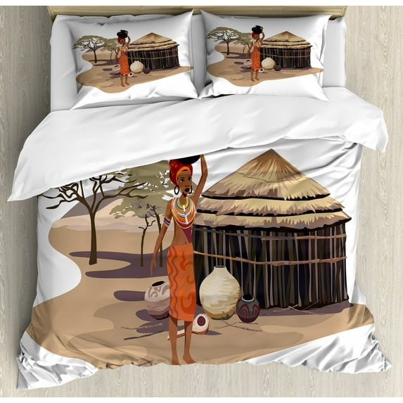 African Woman Duvet Cover Set King Size, Native Woman Carrying a Pot Hut Tree Natural Landscape Village Illustration, Decorative 3 Piece Bedding Set with 2 Pillow Shams, Multicolor, by Ambesonne