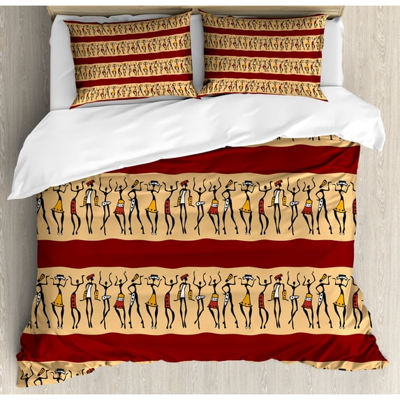 African Woman Duvet Cover Set King Size, Native Indigenous People Different Poses Tribal Ancient Culture Borders, Decorative 3 Piece Bedding Set with 2 Pillow Shams, Ruby Peach Black, by Ambesonne