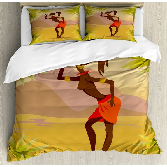 African Woman Duvet Cover Set King Size, Young Zulu Girl in Exotic Nature Tree Leaves Mountains Folkloric Clothing, Decorative 3 Piece Bedding Set with 2 Pillow Shams, Multicolor, by Ambesonne