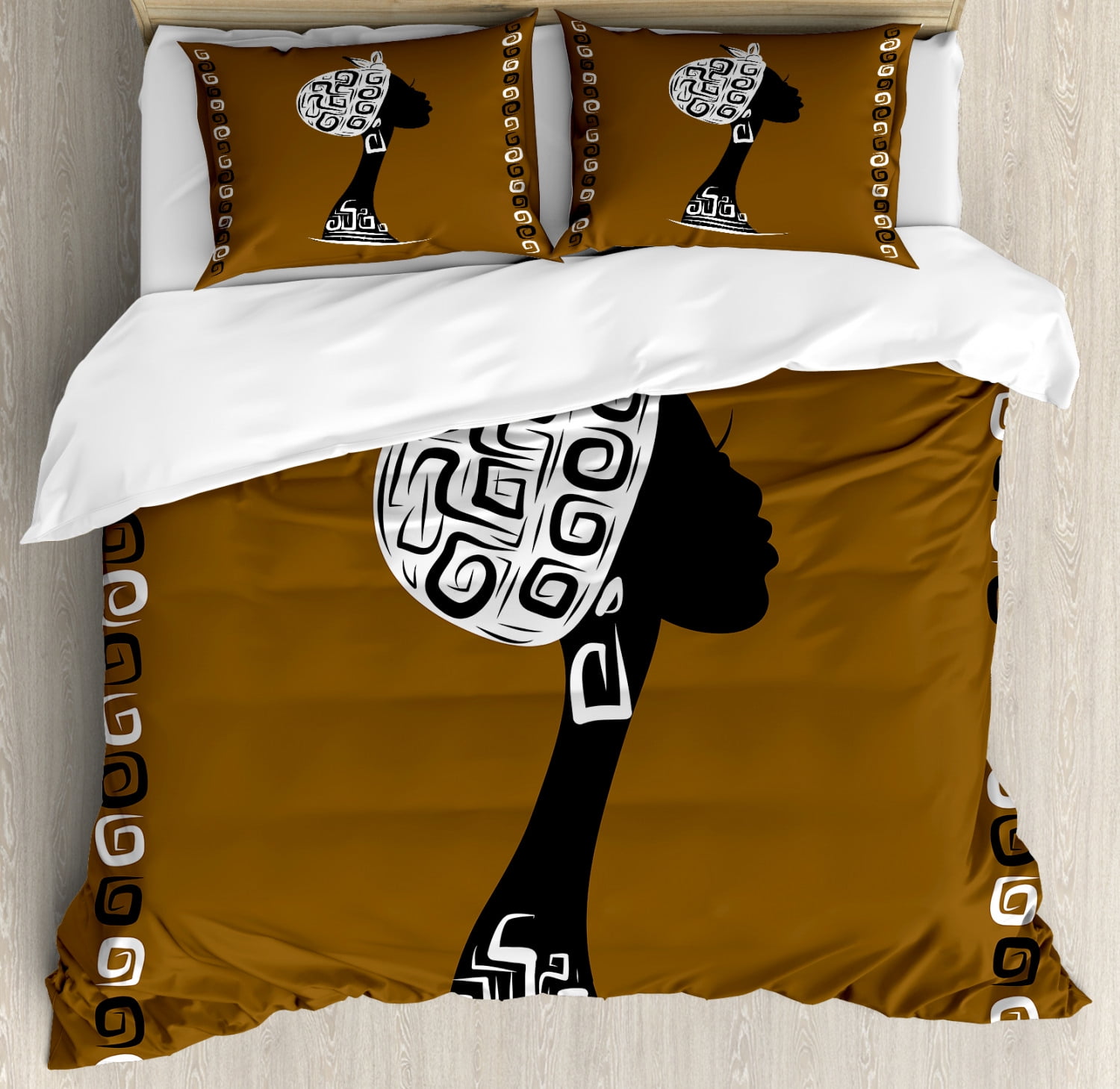 African Woman Silhouette Brown and White Queen Duvet Cover Set
