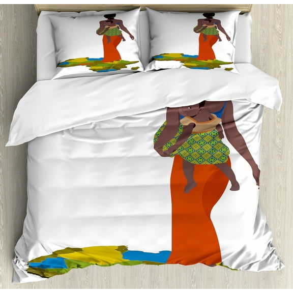 African Woman Duvet Cover Set Queen Size, Mother Carrying Baby Girl on Her Back Africa Country Culture Continent Map, Decorative 3 Piece Bedding Set with 2 Pillow Shams, Multicolor, by Ambesonne