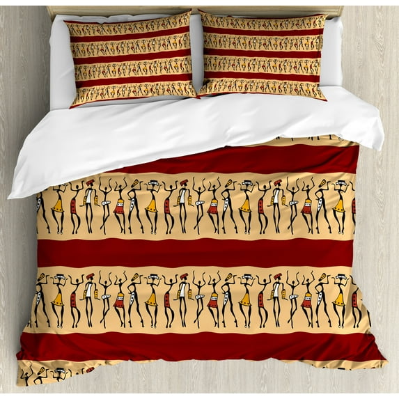 African Woman Duvet Cover Set Queen Size, Native Indigenous People Different Poses Tribal Ancient Culture Borders, Decorative 3 Piece Bedding Set with 2 Pillow Shams, Ruby Peach Black, by Ambesonne