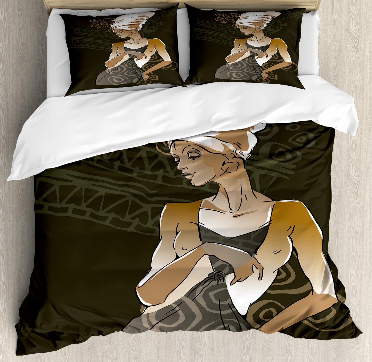 Taupe and Brown African Woman Duvet Cover Set