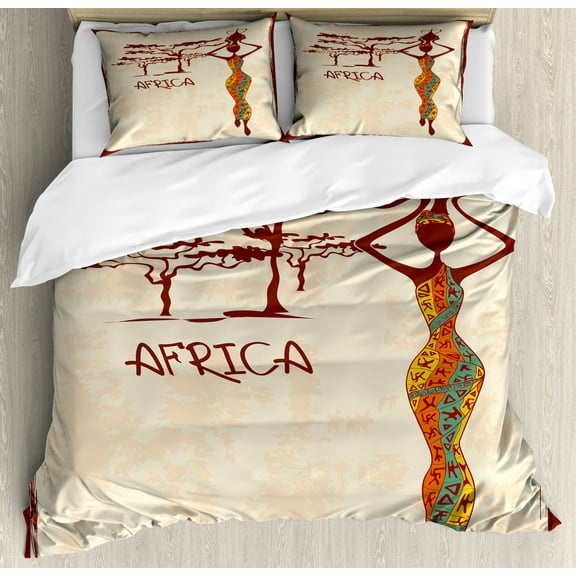 African Woman Duvet Cover Set Queen Size, Vintage Africa Themed Illustration Slim Indigenous Girl Figure Colorful Dress, Decorative 3 Piece Bedding Set with 2 Pillow Shams, Multicolor, by Ambesonne