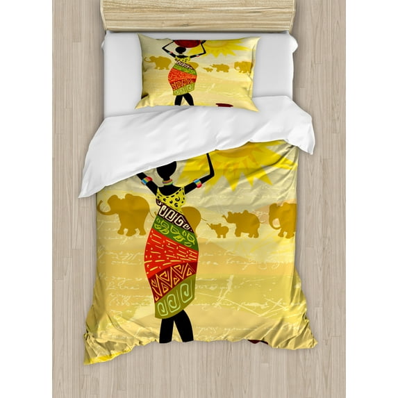 African Woman Duvet Cover Set Twin Size, Artistic Vintage Landscape Local Woman Elephants Sun Figure Hand Writing, Decorative 2 Piece Bedding Set with 1 Pillow Sham, Multicolor, by Ambesonne