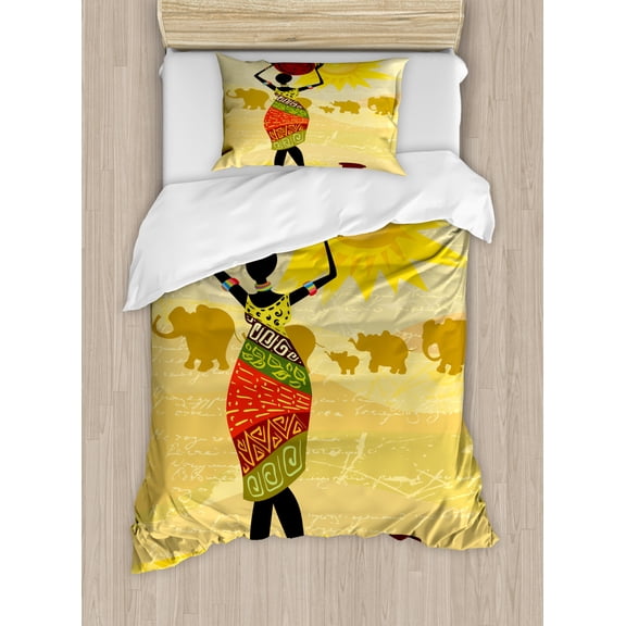 African Woman Duvet Cover Set Twin Size, Artistic Vintage Landscape Local Woman Elephants Sun Figure Hand Writing, Decorative 2 Piece Bedding Set with 1 Pillow Sham, Multicolor, by Ambesonne