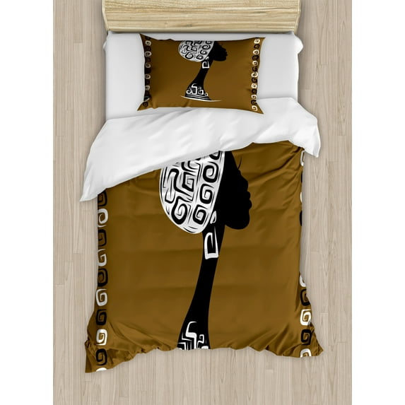 African Woman Duvet Cover Set Twin Size, Female Head Silhouette Stylish Headscarf Geometric Artistic Framework, Decorative 2 Piece Bedding Set with 1 Pillow Sham, Brown White Black, by Ambesonne