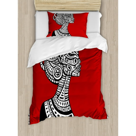 African Woman Duvet Cover Set Twin Size, Hand Drawn Ethno Cultural Themed Portrait Artistic Complex Figures, Decorative 2 Piece Bedding Set with 1 Pillow Sham, Ruby Black White, by Ambesonne