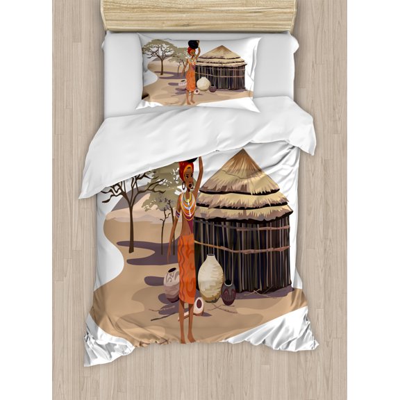 African Woman Duvet Cover Set Twin Size, Native Woman Carrying a Pot Hut Tree Natural Landscape Village Illustration, Decorative 2 Piece Bedding Set with 1 Pillow Sham, Multicolor, by Ambesonne