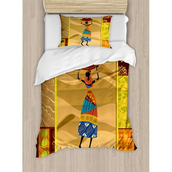 African Woman Duvet Cover Set Twin Size, Ornate Nature Inspired Motifs Swirls Camels Elephant Stylish Lady with Jug, Decorative 2 Piece Bedding Set with 1 Pillow Sham, Multicolor, by Ambesonne