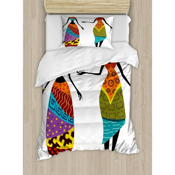 African Woman Duvet Cover Set Twin Size, Tribal Ladies in Traditional Costume Silhouettes Ethnicity Vintage Display, Decorative 2 Piece Bedding Set with 1 Pillow Sham, Multicolor, by Ambesonne