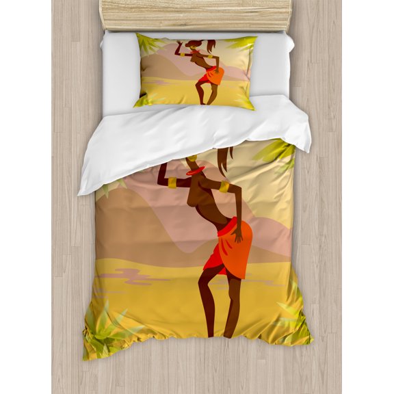 African Woman Duvet Cover Set Twin Size, Young Zulu Girl in Exotic Nature Tree Leaves Mountains Folkloric Clothing, Decorative 2 Piece Bedding Set with 1 Pillow Sham, Multicolor, by Ambesonne