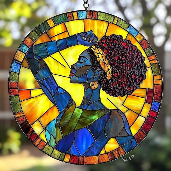 African Woman Faux Stained Glass Suncatcher, Powerful Afrocentric Wall Decor, Colorful Window Hanging, Feminine Energy Gift Idea