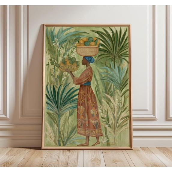 African Woman Fruit Basket Wall Art Print, Tropical Jungle Botanical ...