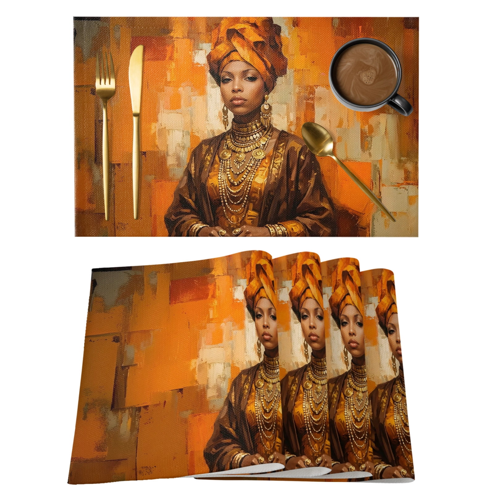 African Woman with Gold Jewelry Cotton Linen Placemats Set of 2 ...