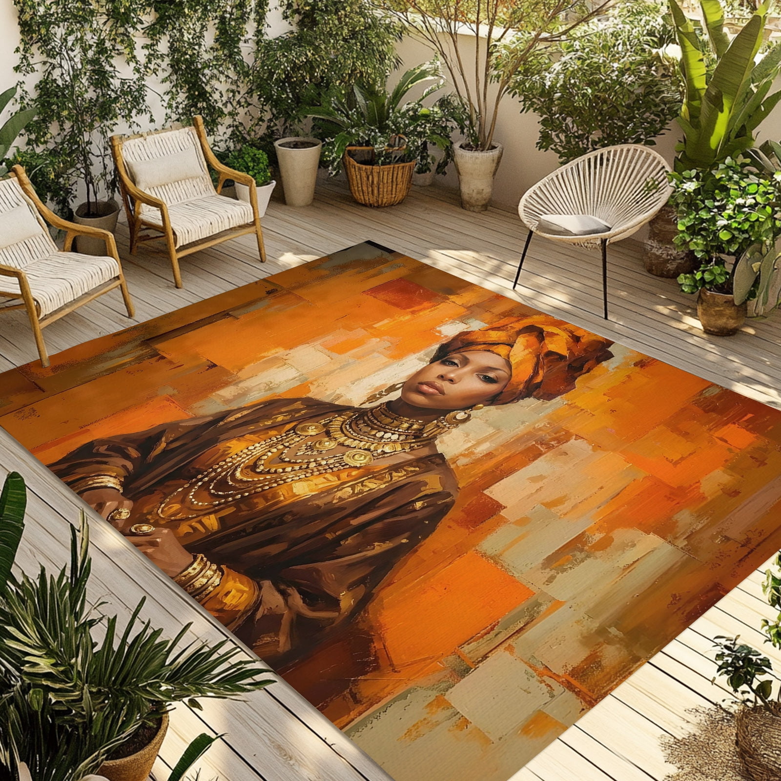 African Woman with Gold Jewelry Outdoor Rug 3x5 ft Portrait Orange Graffiti Non Slip Patio Rug Washable Absorbent Large Outdoor Carpet Outside Mat for Porch RV Garden Camping