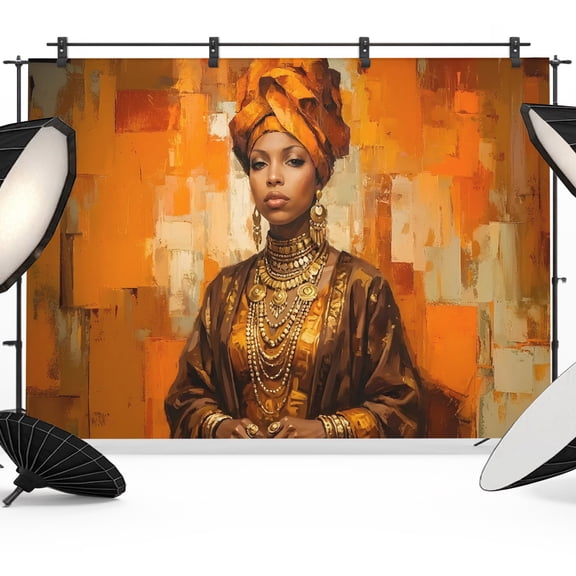 African Woman with Gold Jewelry Photography Backdrop 12x8FT, Portrait Orange Graffiti Photo Backdrops, Background for Photography Studio Photo Studio Background, Back Drop for Photoshoot