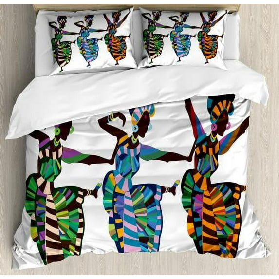 African Woman King Size Duvet Cover Set, Religious Dance Performed by African Women in Traditional Ethnic Dresses, Decorative 3 Piece Bedding Set with 2 Pillow Shams, Multicolor, by Ambesonne