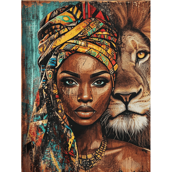 African Woman and Lion Portrait Decorative Painting/Canvas Art Perfect for Living Room Bedroom Office Study Dining Room Hallway Gallery Studio Decoration and as a Unique Gift Idea.