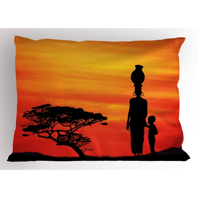 African Woman Pillow Sham Rural Countryside Landscape Mother and Child at Sunset Acacia Tree, Decorative Standard King Size Printed Pillowcase, 36 X 20 Inches, Yellow Scarlet Black, by Ambesonne