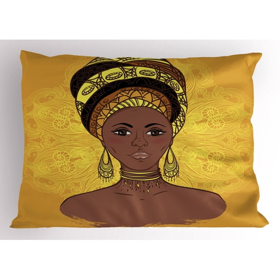 African Woman Pillow Sham Tribal Woman Portrait in Turban Ornate Mandala Inspired Round Motif, Decorative Standard King Size Printed Pillowcase, 36 X 20 Inches, Yellow Brown Cocoa, by Ambesonne