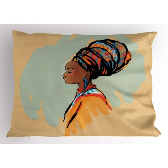 African Woman Pillow Sham Watercolor Profile Portrait of Native Woman with Ethnic Hairdo and Earrings, Decorative Standard King Size Printed Pillowcase, 36 X 20 Inches, Multicolor, by Ambesonne
