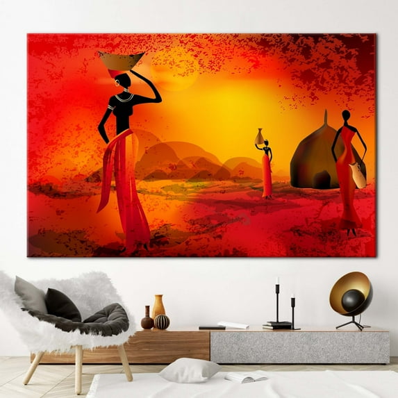 African Woman Poster, Black Woman Canvas, Abstract Canvas, Sunset Canvas Art, African Landscape Artwork, African Canvas, Canvas Wall Decor - 5P Mix-Gallery Wrap