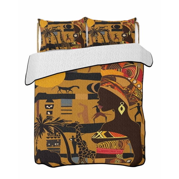 African Woman Quilts Bedding Set King Size Giraffe Elephant Brown Silhouette Ethnic Style Lightweight Quilted Bedspread 3 Piece Bed Quilt with 2 Pillow Shams All Season for Bedroom 90" x 96"