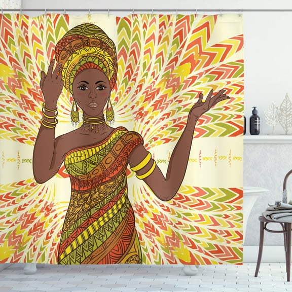 African Woman Shower Curtain, Dancing Woman Hand Drawing Ethnic Geometric Ornament Colorful Print, Fabric Bathroom Set with Hooks, 69W X 75L Inches Long, Green Red Yellow, by Ambesonne