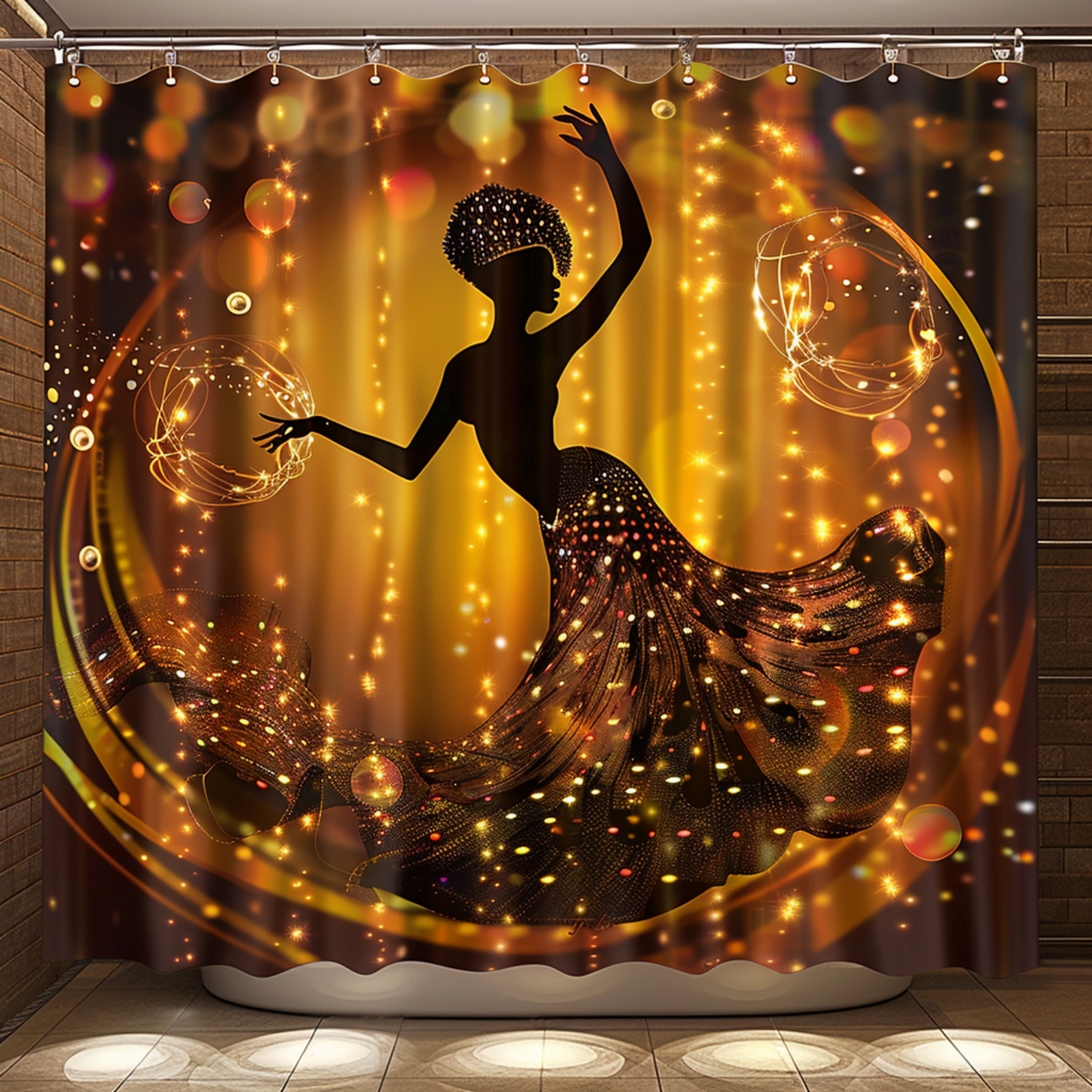 African Woman Silhouette Dance Shower Curtain Golden Brown Colors Disco