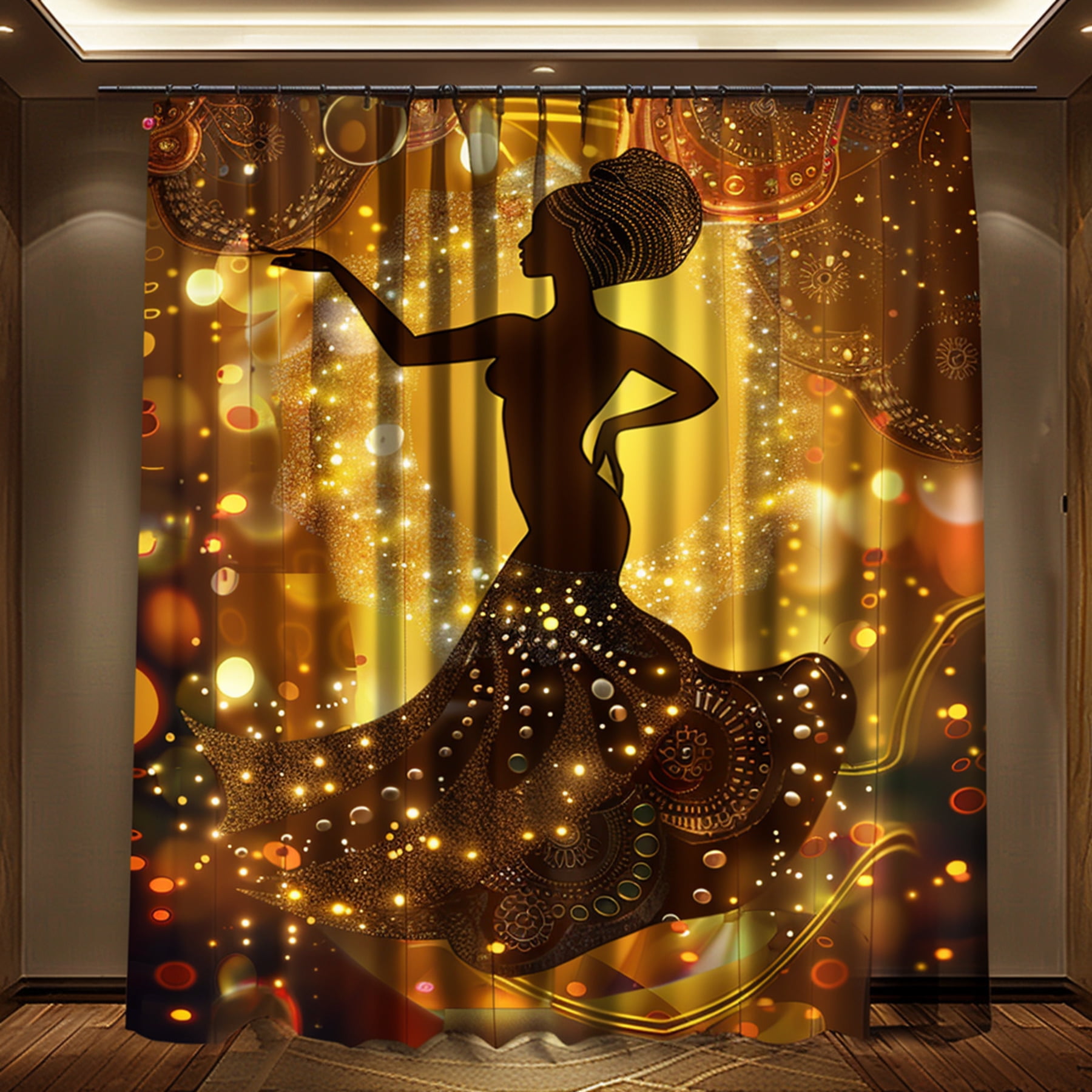 African Woman Silhouette Dancing Shower Curtain Golden Brown Colors