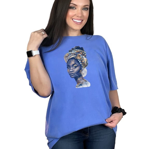 African Woman T-Shirt, Tribal Headwrap Art, Afrocentric Graphic Tee, African Heritage Clothing, Cultural Expression Shirt, Black Pride, Flo Blue Comfort Colors T-Shirt, XL