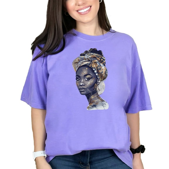 African Woman T-Shirt, Tribal Headwrap Art, Afrocentric Graphic Tee, African Heritage Clothing, Cultural Expression Shirt, Black Pride, Violet Comfort Colors T-Shirt, 3XL