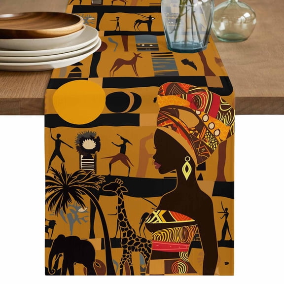 African Woman Table Runner, Giraffe Elephant Brown Silhouette Ethnic Style Cotton Linen Kitchen Table Decoration Washable Dining Tabletop Runners for Home Party Decor 13x48 Inches