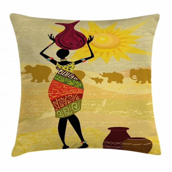 African Woman Throw Pillow Cushion Cover, Artistic Vintage Landscape Local Woman Elephants Sun Figure Hand Writing, Decorative Square Accent Pillow Case, 24 X 24 Inches, Multicolor, by Ambesonne