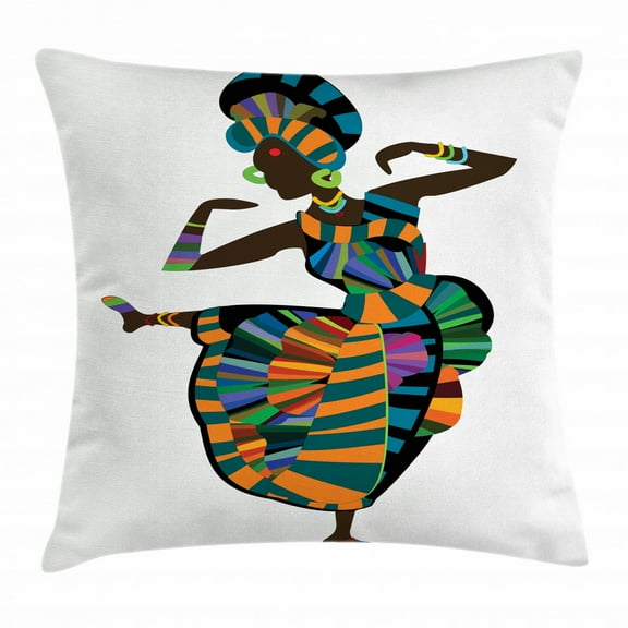 African Woman Throw Pillow Cushion Cover, Black Girl in a Traditional Dress Performing an Ethnic Dance Native Zulu, Decorative Square Accent Pillow Case, 16 X 16 Inches, Multicolor, by Ambesonne