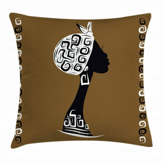 African Woman Throw Pillow Cushion Cover, Female Head Silhouette Stylish Headscarf Geometric Artistic Framework, Decorative Square Accent Pillow Case, 20 X 20 Inches, Brown White Black, by Ambesonne