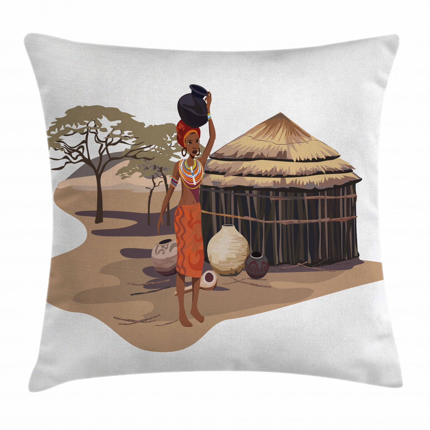 African Woman Throw Pillow Cushion Cover, Native Woman Carrying a Pot Hut  Tree Natural Landscape Village Illustration, Decorative Square Accent  Pillow Case, 18 X 18 Inches, Multicolor, by Ambesonne - Walmart.com