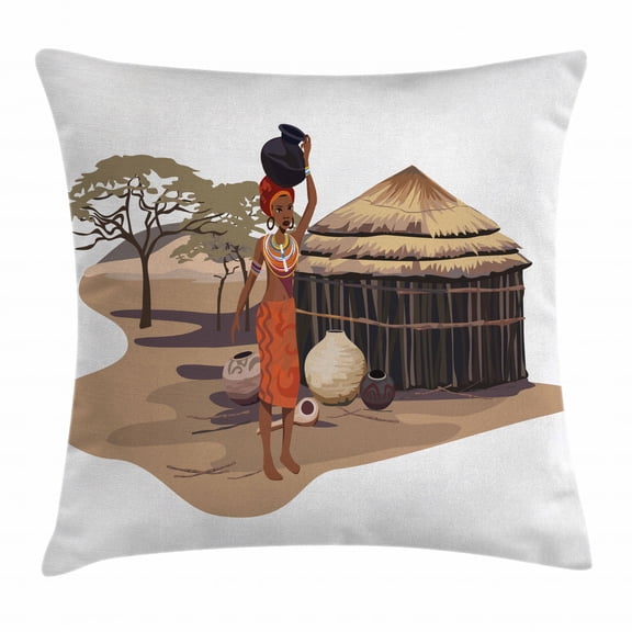 African Woman Throw Pillow Cushion Cover, Native Woman Carrying a Pot Hut Tree Natural Landscape Village Illustration, Decorative Square Accent Pillow Case, 18 X 18 Inches, Multicolor, by Ambesonne