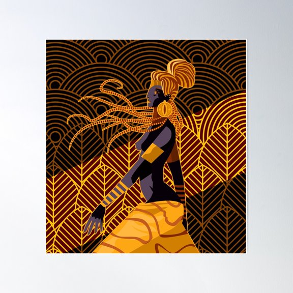 African Woman With Long Skirt And Golden Leaf Decoration Poster Wall Art, Modern Wall Decor For Living Room Bedroom, 24x24 UNFRAMED