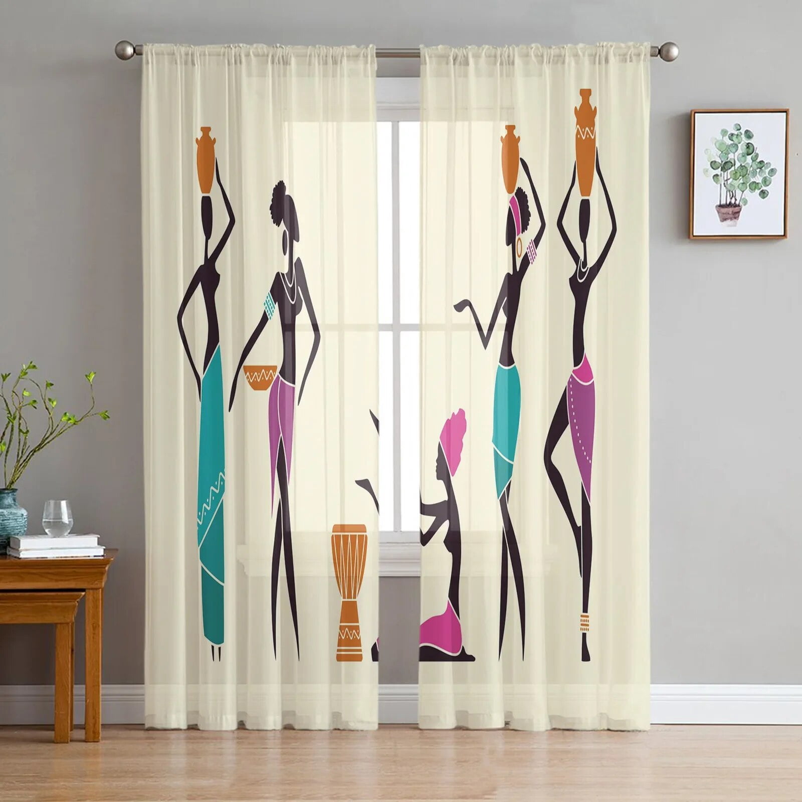 African Woman Yoga Vase White Tulle Sheer Window Curtains For Living african-woman-yoga-vase-white-tulle-sheer-window-curtains-for-living