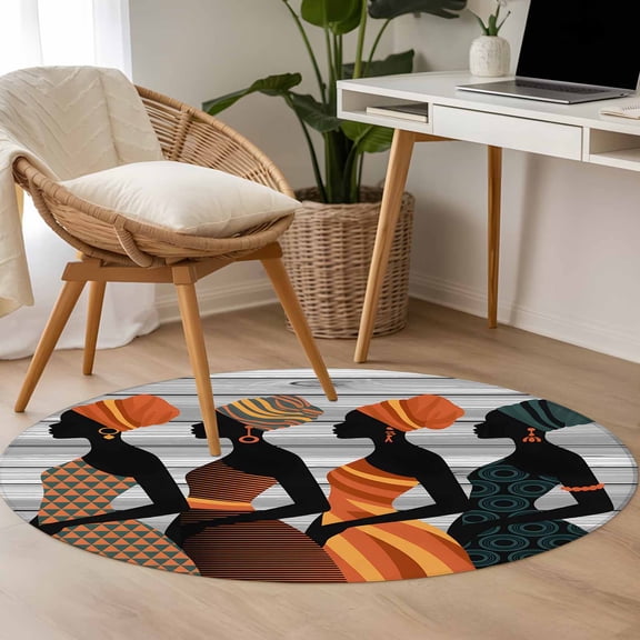 African Women 3.3ft Round Rug for Bedroom Reading Corner, Black Women Washable Non Slip Circle Area Rug