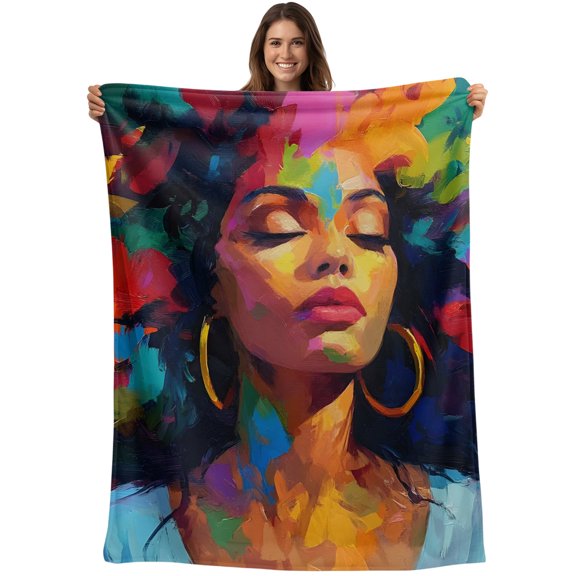 African Women Blanket Soft Cozy Warm Throw Blanket for Couch, Plush Fuzzy Flannel Blankets for Sofa, Abstract Colorful Girl Hair Vintage Oil Painting Bed Blankets Lightweight Gifts for Women, 30"x40"
