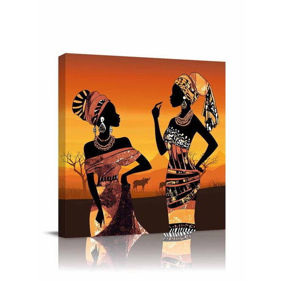 African Women Canvas Wall Art, Tribe Ethnic Style Traditional Sunset Cow Framed Wall Decor Modern Artwork Prints Painting for Living Room, Bedroom, Kitchen & Cafe Decor 8x8 Inch
