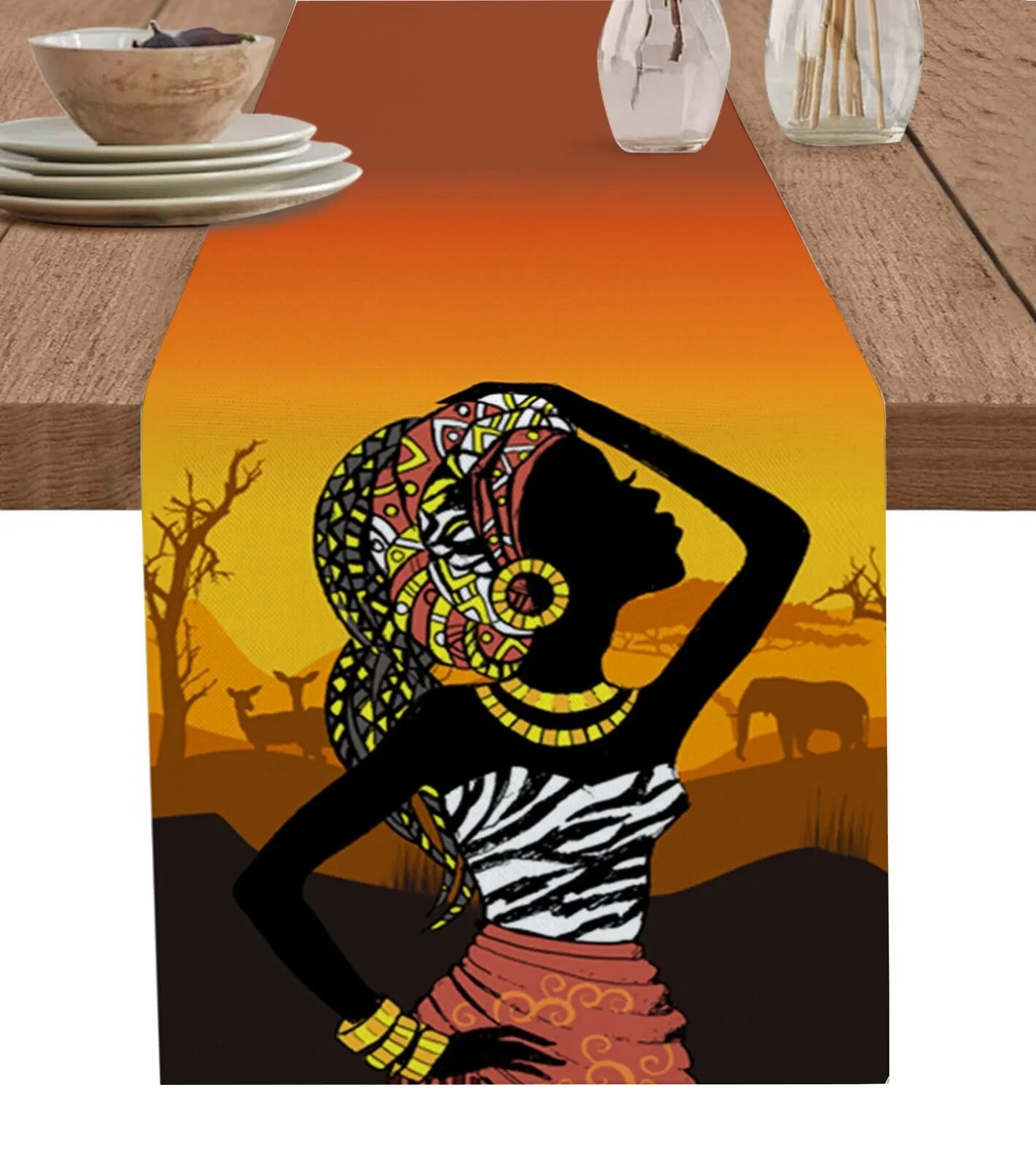 African Women Ethnic Style Black Women Linen Table Runner Holiday Wedding Party Decor Home