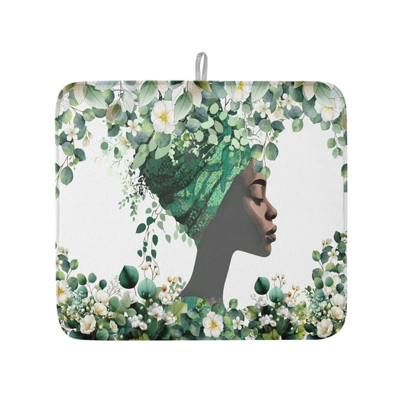 African Women Green Eucalyptus Leaf Dish Drying Mats for Kitchen Counter,Absorbent Microfiber Dish Drainer Rack Mat Spring Flower Leaves Drying Pad for Sinks,Utensils,Countertops,16x18in